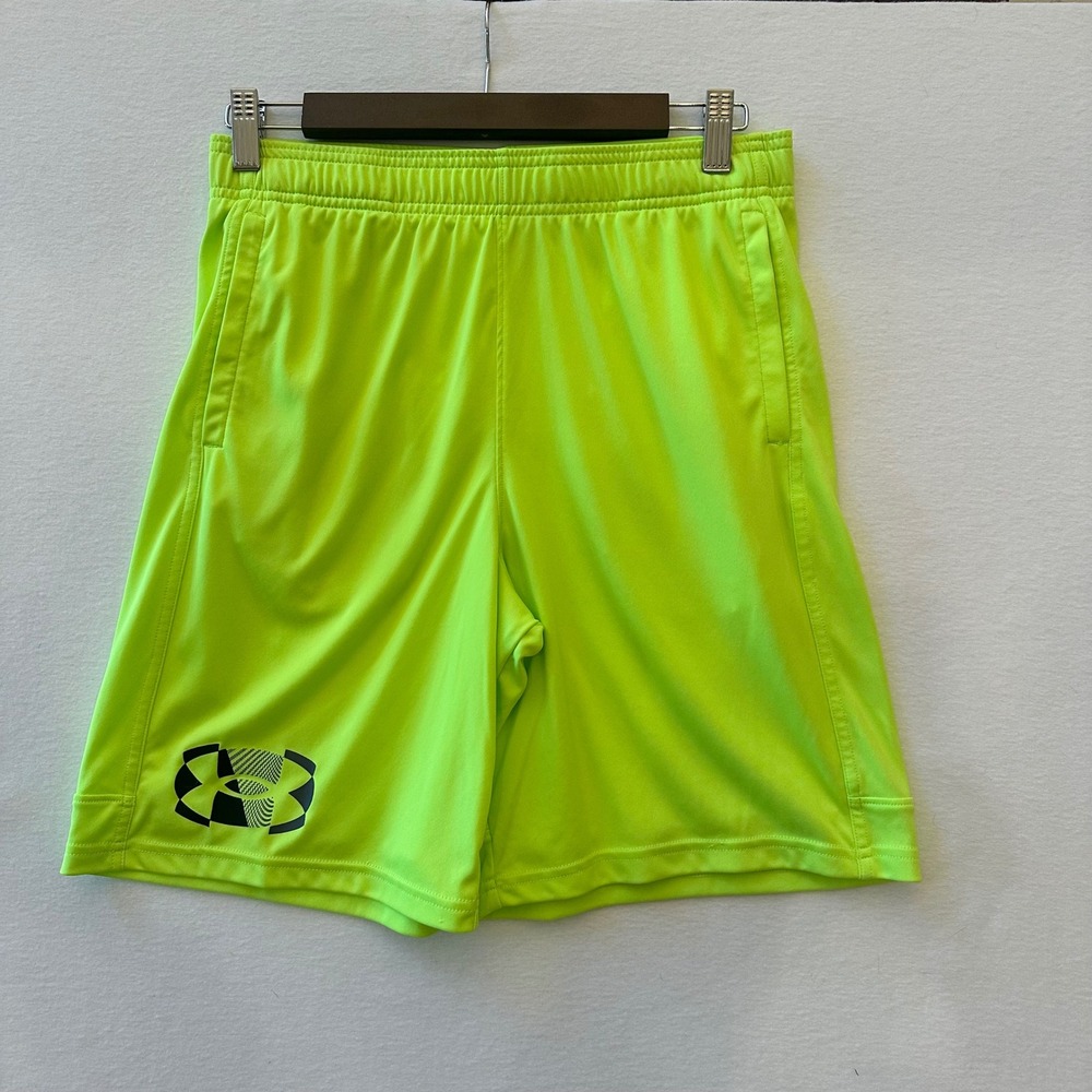 Under Armour Boys YXL Neon Lime Green Athletic Shorts Loose Fit Pockets